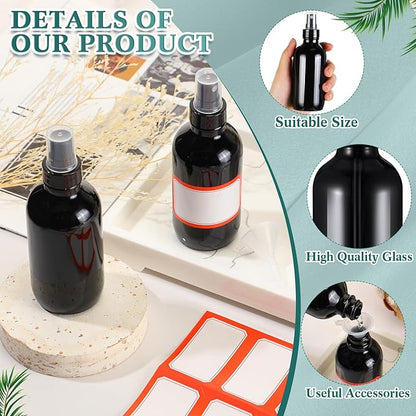 Fumete 36 Pcs Glass Spray Bottles 4oz Fine Mist Glass Spray Bottle Refillable Liquid Containers with 6 Labels 6 Funnel for Hair Travel Plants Cleaning Solutions Skin Care(Black,Classic)