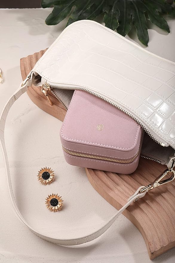 S.Leaf Travel Jewelry Organizer Boxes for Women Small Portable Necklace Earrings Bracelet Rings Travel Case Best Friend Birthday Gifts for Women Trendy (05_Suede_Touch_Dust_Pink)