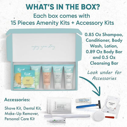 Eco Botanics Amenity & Accessory Kit | 0.85 oz Travel Size Shampoo, Conditioner, Lotion, Body Wash, Body Bar, Cleansing Bar, Shave & Dental Sets, Make-Up Remover Wipes, & Vanity Kit | 15 sets per case