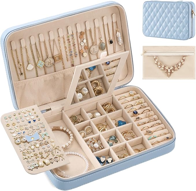 Lolalet Travel Jewelry Case for Women Girls, Travel Jewelry Organizer Box with Mirror & Clear Storage Bag, Small Portable Earring Necklace Bracelet Ring Case, Birthday Christmas Gifts -Large, Blue