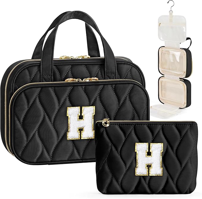 YOOLIFE Kids Toiletry Bag Initial Makeup Bag for Teen Girls - Birthday Gifts for 7 8 9 10 11 12 13 14 15 16 17 18 Year Old Girls, Teen Girl Gifts Trendy Stuff Black - H