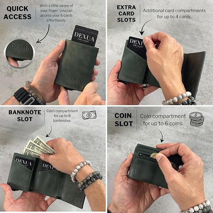 Mens Wallet, Genuine Leather Trifold Wallet with Pop-Up Card Holder, RFID Blocking, Card Slots, Cash & Coin Compartments, Magnetic Closure, Christmas Gift Ready Gift Box Included