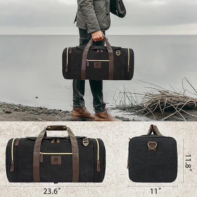 Duffle Bag for Travel, 50L Canvas Duffle Bag Vintage Travel Bag Overnight Bag with Shoes Compartment Men (Black)