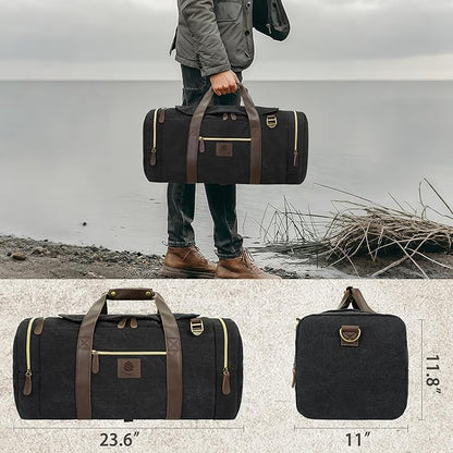 Duffle Bag for Travel, 50L Canvas Duffle Bag Vintage Travel Bag Overnight Bag with Shoes Compartment Men (Black)