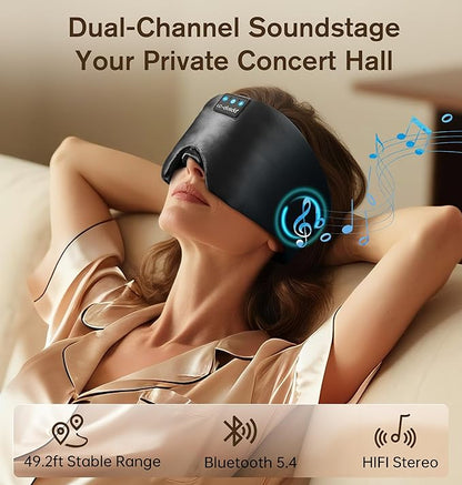 LC-dolida Luxurious Silk Soft Sleep Mask, Sleep Headphones with Bluetooth 5.4 for Side Sleeper, Total Blackout Eye Sleeping Mask for Women and Men, Ideal Gift for Restful Sleep, Travel(Black)