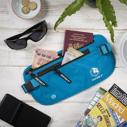 VENTURE 4TH Travel Money Belt - Slim Passport Holder RFID Blocking Travel Pouch to Protect Cash, Credit Cards and Travel Documents (Blue)