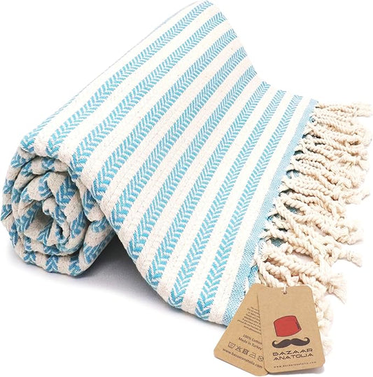 Bazaar Anatolia Turkish Beach Towel – 100% Cotton, Quick Dry, Sand Free Towel for Bathroom, Travel, Camping – Oversized 71x39 Inches – Arpa Turquoise