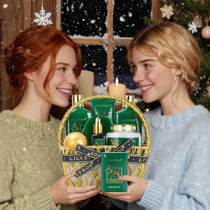 Spa Gift Basket for Christmas Gifts - 9 Pieces Premium Eucalyptus Bath & Body Care Kit for Women & Men, Holiday Gift for Mothers Day, Valentine's Day, Father's Day, Birthday with Shower Gel & More