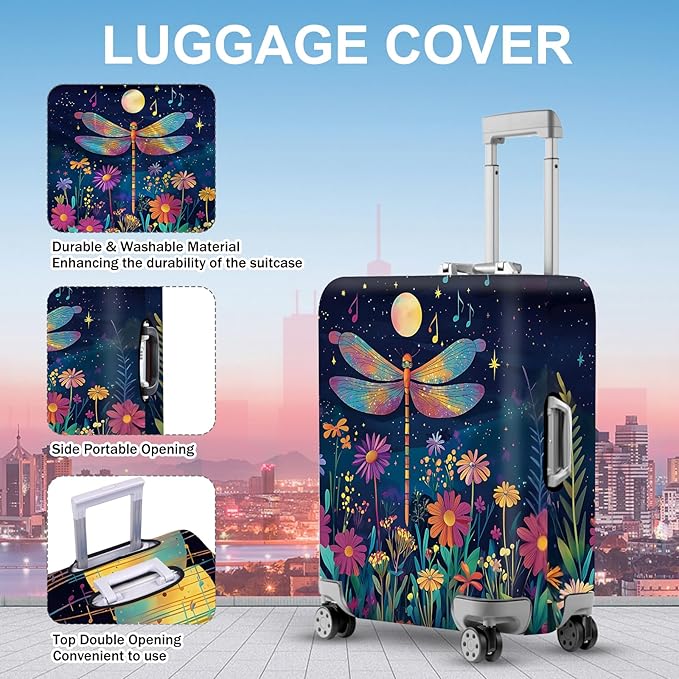ANNA QUEEN Magical Dragonfly Luggage Cover, Night Sky with Bright Colors and Flowers, Stretchable, Washable Travel Protector for 20-34 Inch Suitcases