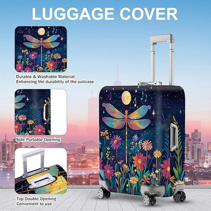 ANNA QUEEN Magical Dragonfly Luggage Cover, Night Sky with Bright Colors and Flowers, Stretchable, Washable Travel Protector for 20-34 Inch Suitcases