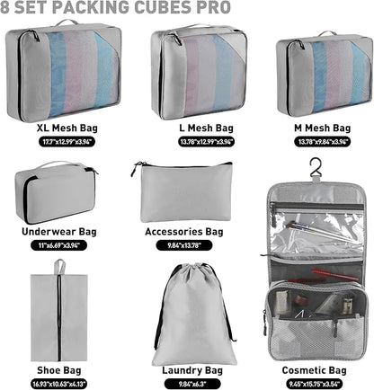 8-Piece Packing Cubes for Travel, Mesh Luggage Organizers with Shoe Bag, Toiletry Bag, Laundry Pouches, 4 Sizes (XL/L/M/S) for Suitcase Organization, Men Women Kids, Gray