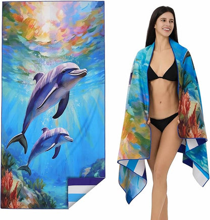 Microfiber Extra Large, Oversized Blue White Striped Beach Towels (70''x35''), Soft&Lightweight 2 Pack XL Quick Dry Cute Dolphin Towel for Adults & Women，Sand Free for Pool,Spa,Swim,Travel