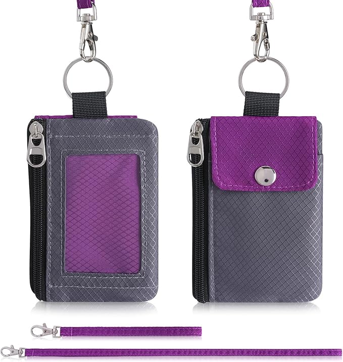 Minimalist Wallet For Mens Womens, Keychain RFID Blocking Zipper Small Wallet with ID Window 2 Lanyards,Water Resistant Travel Cash Card Coin Case Boys Girls