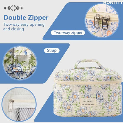 Makeup Bag,Quilted Cosmetic Bags,Large Floral Make Up Organize bag,Makeup Bag Set for Women,Flower Travel Toiletry Bag
