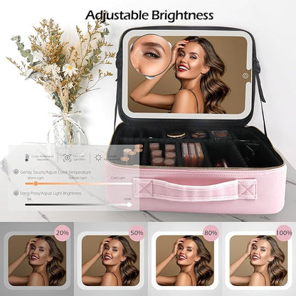 MOMIRA Large Makeup Train Case with Lighted and Mirror 14inch Partitionable Cosmetic Bag Travel Makeup Case Professional Cosmetic Artist Organizer, Waterproof Portable, with Shoulder Stra Pink