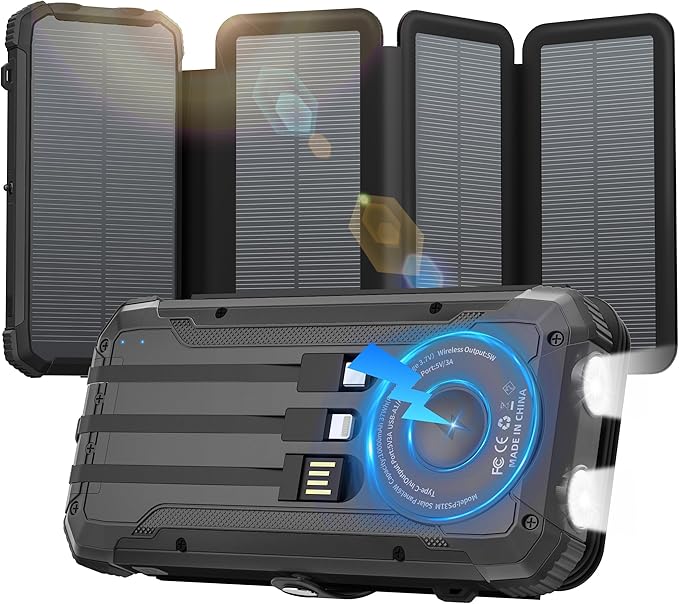 Portable Charger 20000mAh Solar Power Bank Built-in 3 Cables and Wireless Charging Battery Pack Compatible for iPhone, Samsung, IPX5 Waterproof, Bright Flashlight Perfect for Camping, Hiking, Outdoor