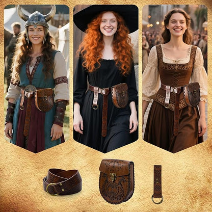 Nordic Embossed Belt Pouch Vintage Portable Waist Bag Renaissance Belt Set Medieval Side Pack for Cosplay Accessories (Brown)