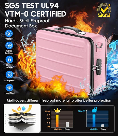 Fireproof Document Box with Lock, Hard-Shell Fireproof Safe for Home Documents, Portable Travel Fire Proof File Box for Passport Laptop Certificates, Rose Gold