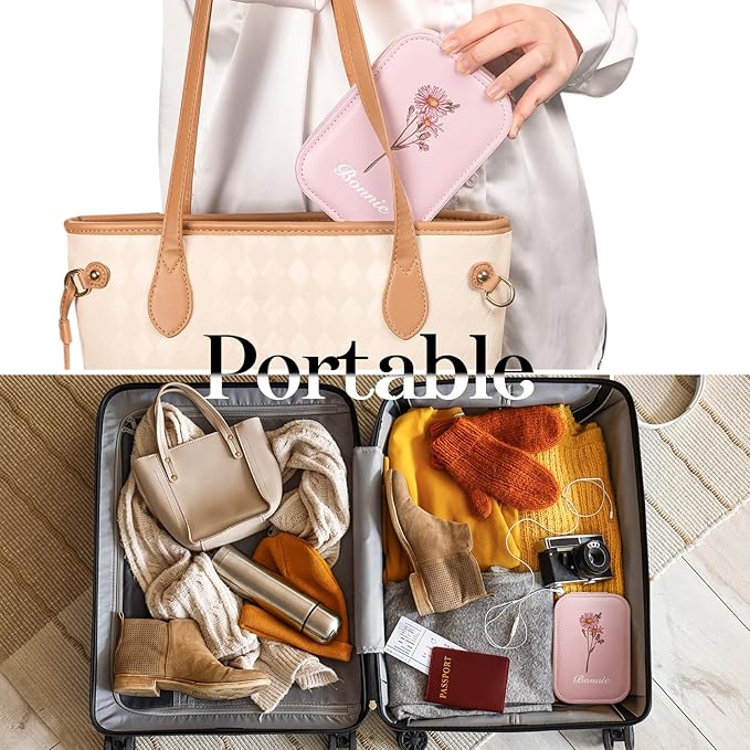 CALLIE Travel Jewelry Organizer - Personalized Birth Flower Leather Jewelry Case with Mirror, Birthday Gifts Mothers Day 2025 Graduation Wedding Christmas Gifts for Her