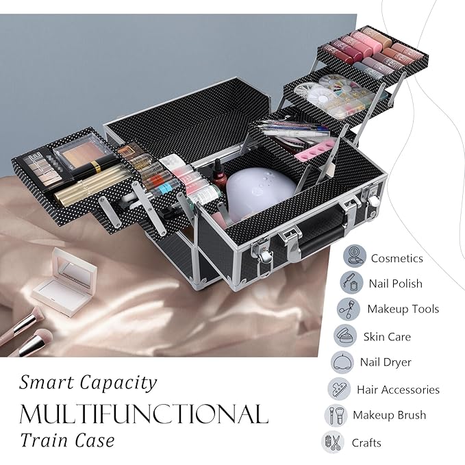 FRENESSA Makeup Train Case Makeup Case 11.8 Inch Large Cosmetic Box Organizer Travel Storage Professional Make Up Train Carrying Case with 6 Trays Locking Hard Vanity Storage Black