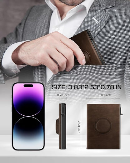 Mens Wallet with AirTag Holder: Smart Wallet Compatible with Apple AirTag, Pop Up Card Case, Top Grain Leather, RFID Blocking, Slim, Minimalist, 9-14 Card Capacity | ID Window | Cash Slot (Brown)