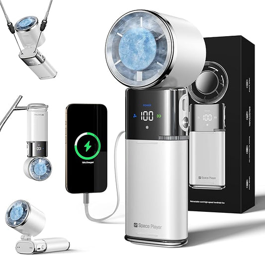 Portable Handheld Turbo Fan with Ice Cooling, 9000mAh Rechargeable Personal Fan, 100-Speed Wind, Built-in Type-C Cable, LED Display,135° Tilt Foldable for Desk/Neck/Travel-White