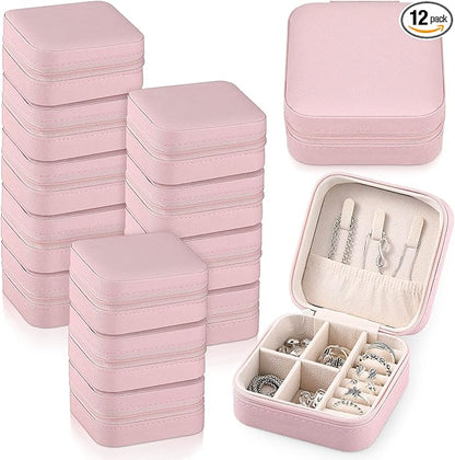 Yinkin 12 Pcs Mini Travel Jewelry Case Bridesmaid Proposal Gift Boxes, Small PU Leather Earring Organizer, Bulk Travel Accessories Portable Jewelry Holder(Pink)