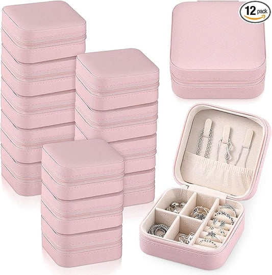 Yinkin 12 Pcs Mini Travel Jewelry Case Bridesmaid Proposal Gift Boxes, Small PU Leather Earring Organizer, Bulk Travel Accessories Portable Jewelry Holder(Pink)