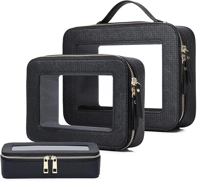 Pinkmik Clear Makeup Bag with Brush Bag 3pcs Waterproof Travel Case for Cosmetics and Toiletries Women's Makeup Organizer with Zipper (Black, L+M+SLIM)