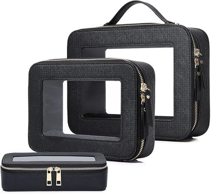 Pinkmik Clear Makeup Bag with Brush Bag 3pcs Waterproof Travel Case for Cosmetics and Toiletries Women's Makeup Organizer with Zipper (Black, L+M+SLIM)