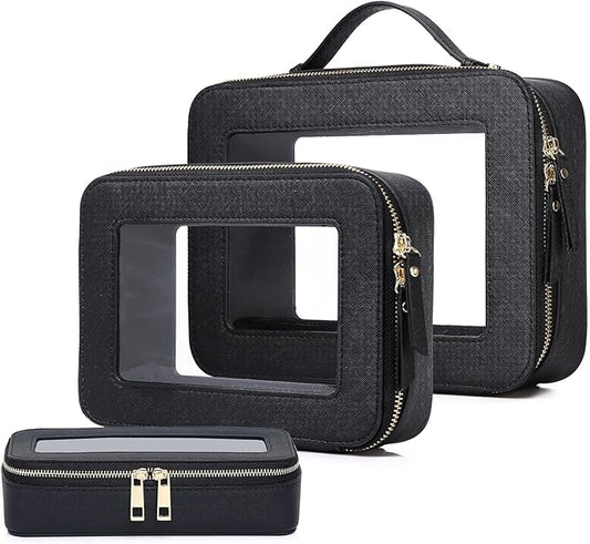 Pinkmik Clear Makeup Bag with Brush Bag 3pcs Waterproof Travel Case for Cosmetics and Toiletries Women's Makeup Organizer with Zipper (Black, L+M+SLIM)