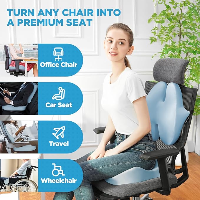 BEAUTRIP Seat Cushion & Lumbar Support Pillow for Office Chair, Car & Wheelchair - Ergonomic Coccyx Cushion for Tailbone, Sciatica & Back Pain Relief - Extra-Dense Charcoal Memory Foam Chair Cushions