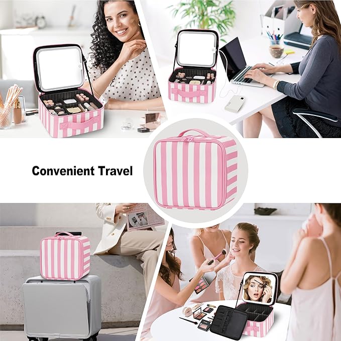 TANTO Makeup Bag With LED Mirror, Travel Makeup Case with Light up Mirror Large Cosmetic Case with 3 Color Lighted Portable Organizer Bag with Adjustable Dividers (Pink/White Stripes, Small)