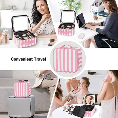 TANTO Makeup Bag With LED Mirror, Travel Makeup Case with Light up Mirror Large Cosmetic Case with 3 Color Lighted Portable Organizer Bag with Adjustable Dividers (Pink/White Stripes, Small)
