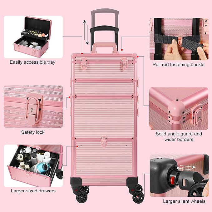 Makeup Train Case with Drawer, Rolling Makeup Case, Cosmetology Case on Wheels, Gift, Travel Makeup Organizers, Profesional Cosmetic Case for Salon Barber,Nail,Tattoo, Pink
