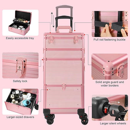 Makeup Train Case with Drawer, Rolling Makeup Case, Cosmetology Case on Wheels, Gift, Travel Makeup Organizers, Profesional Cosmetic Case for Salon Barber,Nail,Tattoo, Pink