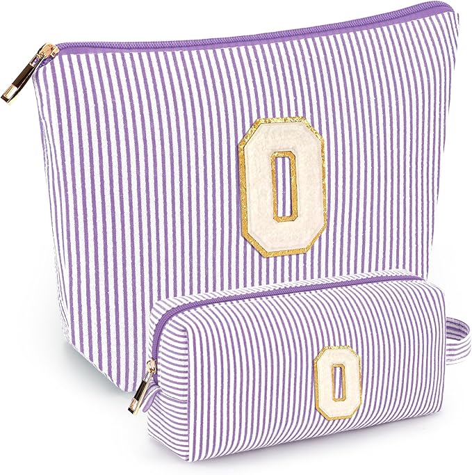 2 PCS Initial Makeup Bags for Women: Cosmetic Bag for Travel Toiletry - Birthday Gifts for 11 12 13 14 15 16 17 18 Years Old Girl Graduation Teacher Gift- Teen Girl Gifts Trendy Stuff - Purple O