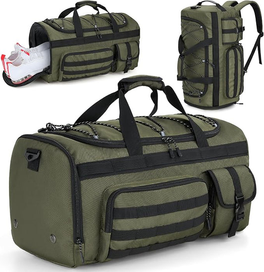 Gonex 45L Duffel Bag for Men, 3 in 1 Convertible Carry Gym Duffle with Shoe Compartment, Tactical Gear Loops, Water-Repellent Lining, Workout & Travel Bag (Army Green)