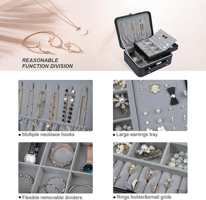Jewelry Box for Women, Travel Jewelry Organizer Case with Jewelry Tray for Rings Earrings Necklaces Bracelets Watches, Black