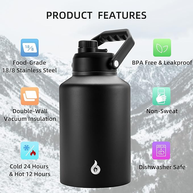 BJPKPK One Gallon(128 oz) Insulated Water Bottle, Dishwasher Safe Stainless Steel Jug, BPA Free Jug with Ergonomic Handle & Anti-slip Bottom, Large Water Bottle, Black