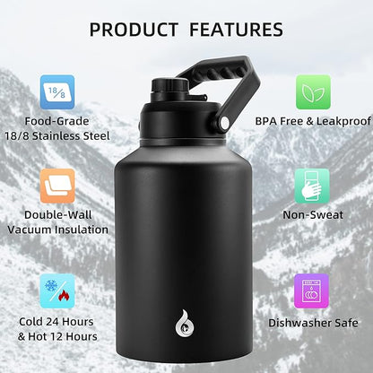 BJPKPK One Gallon(128 oz) Insulated Water Bottle, Dishwasher Safe Stainless Steel Jug, BPA Free Jug with Ergonomic Handle & Anti-slip Bottom, Large Water Bottle, Black