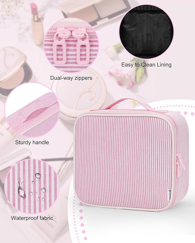 Relavel Travel Makeup Train Case, Portable Cosmetic Case Makeup Organizer, Professional Artist Storage Bag with Adjustable Dividers for Cosmetics Brushes, Birthday Gifts for Girls, Pink Stripe