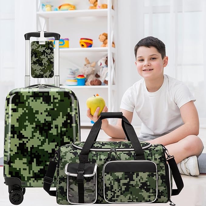 Kid's Luggage Set 3 Piece Suitcase Set 16" Hardside Luggage with Spinner Wheels Boys Carry on Toddler Travel Rolling Suitcase with Duffle Bag Neck Pillow Airline Approved