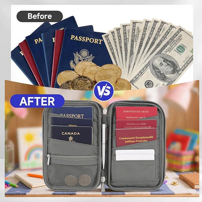 WALNEW Passport Holder for Travel Family, RFID-Blocking Travel Wallet Holder for 6 Passports, Water Resistant Bag Document Organizer for Cards, Cash, Boarding Passes, Tickets (Gray)