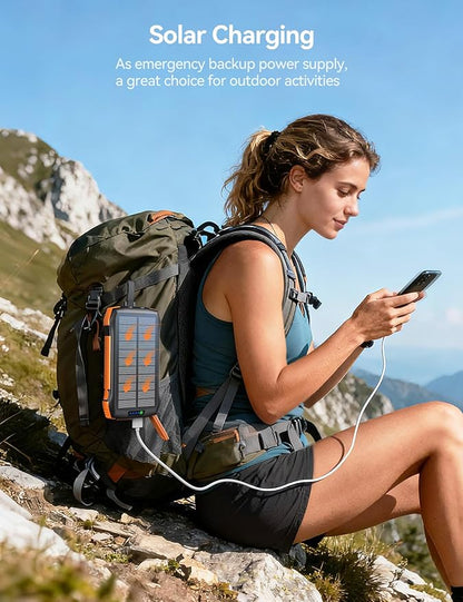 Solar Charger Power Bank, 40000mAh Wireless Portable Charger QC3.0 PD 20W Fast Charging with USB-C in/Output, External Battery Pack with Dual Flashlights Hiking Camping Essential