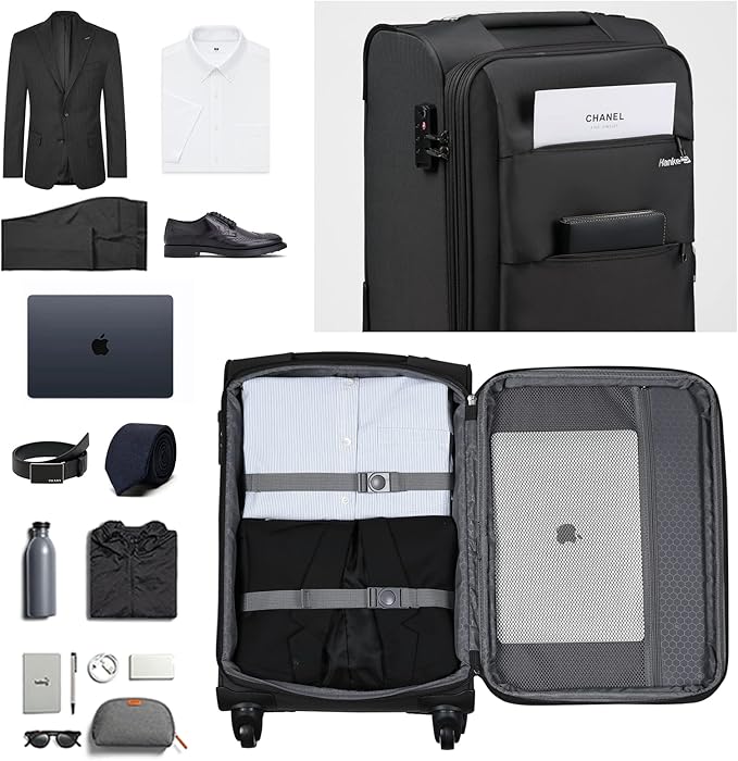 Hanke 20/24/28 Inch 3 Piece Luggage Set with Spinner Wheels Expandable Luggage Large Suitcases with Wheels Softside Checked Luggage Rolling Suitcase with Lock Lightweight Travel Luggage.(Dark Gray)