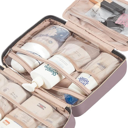NISHEL Travel Toiletry Bag for women, Portable Hanging Organizer for Full-Sized Shampoo, Conditioner, Brushes Set, Makeup Accessories, Large Size, Peach Pink