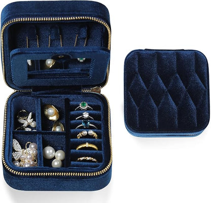 Travel Jewelry Case – Navy Blue Velvet Organizer Adjustable Compartments for Necklaces, Rings | Portable Luxury Travel Jewelry Box for Women, Gift-Worthy Design