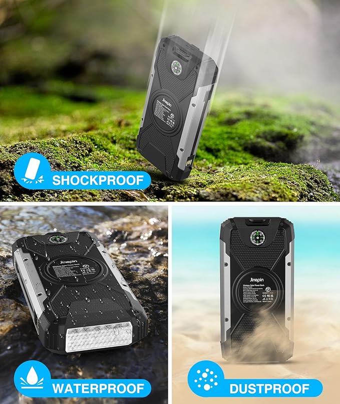 Solar Charger Power Bank -38600mAh Solar Phone Charger Built in 3 Cables Waterproof Outdoor External Battery Pack with 4 Outputs 2 Inputs USB C 15 W Powerbank with Camping Light Compass