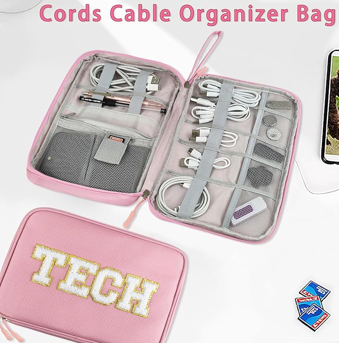 COSHAYSOO Electronics Bag Case Cable Cords Organizer Travel Essentials for Women College Teen Girls Vacation Dorm Accessories Preppy Personalized Gift (Large Pink)